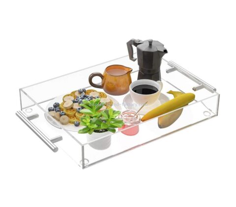 Acrylic factory customize clear serving tray with metal handles STD-273